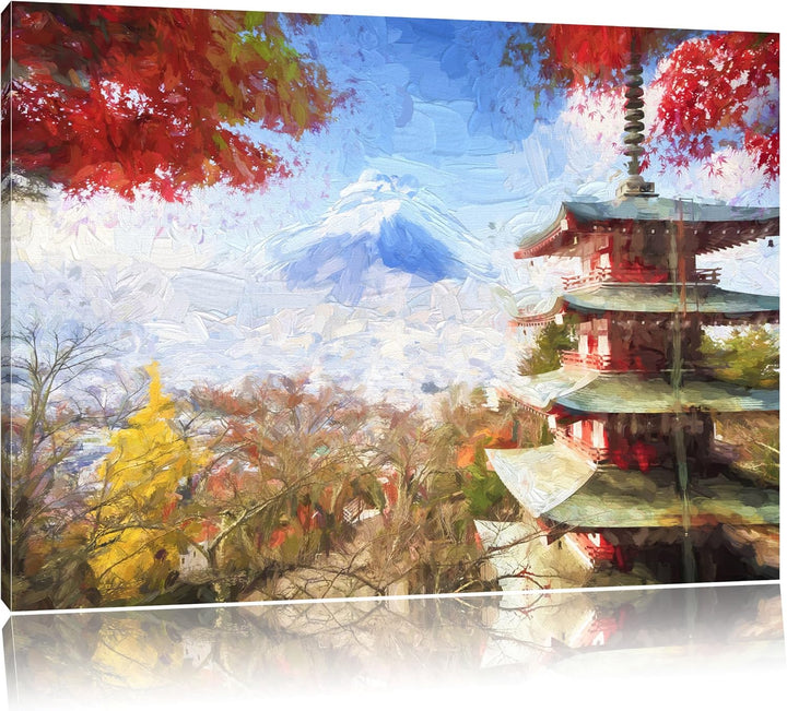 Pixxprint Japanischer Tempel im Herbst Pinsel Effekt, Format: 100x70 auf Leinwand, 100x70
