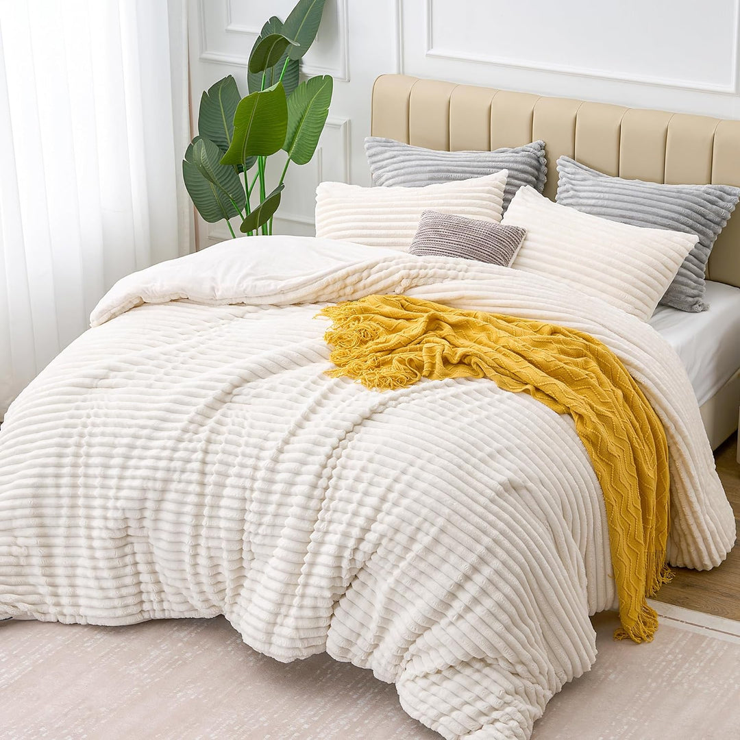 BEDELITE Fleece-Bettwäsche-Set für King-Size-Betten, super weich und warm, flauschig, weiss, luxuriö