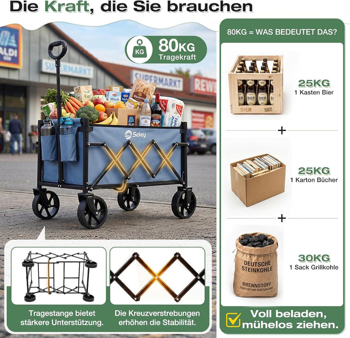 Sekey Bollerwagen Faltbar Mini 4029, Handwagen Klappbar Klein 65L 80KG | Faltbarer Einkaufswagen Cam