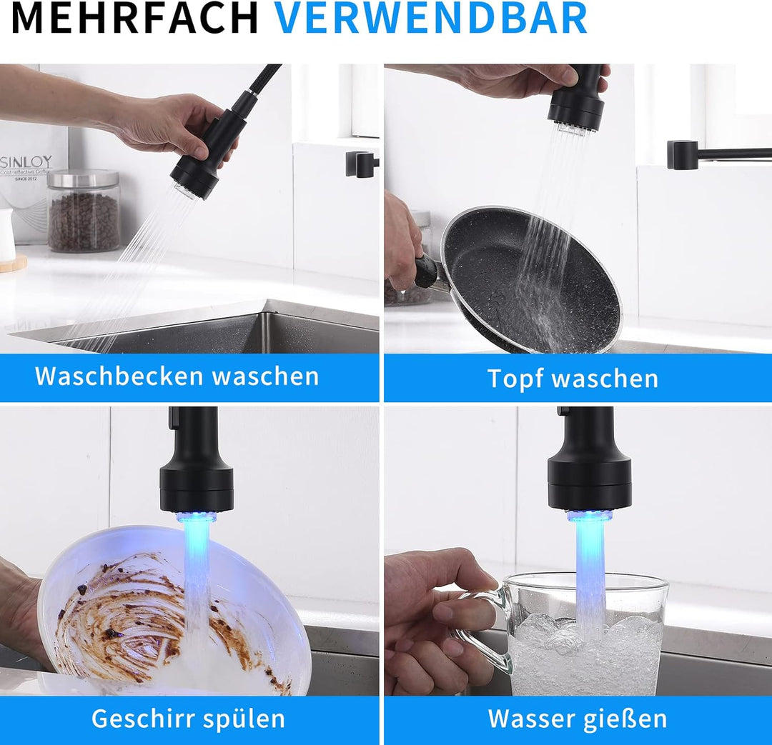 AIMADI Wasserhahn Küche Armatur Schwarz LED Küchenarmatur mit Brause 360° schwenkbar Mischbatterie S