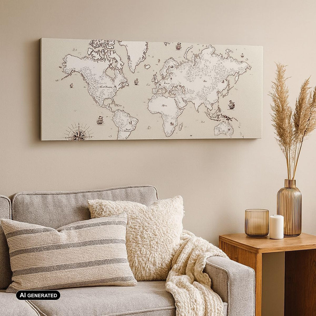 Wandbilder Dekoration Wohnzimmer Karte Welt Klassiker Kontinente Panorama Bilder auf Leinwand 120x50
