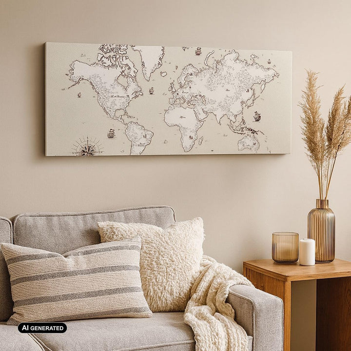Wandbilder Dekoration Wohnzimmer Karte Welt Klassiker Kontinente Panorama Bilder auf Leinwand 120x50