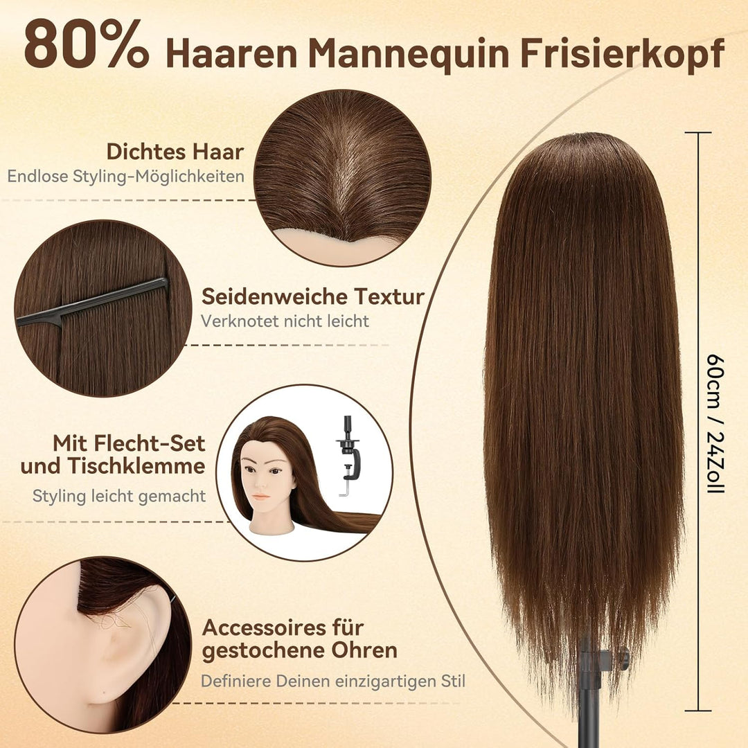 TwoWin Friseurkopf Echthaar mit Ohrlöchern, 60 cm (24 Zoll) 80% Haaren Mannequin Frisierkopf, Traini