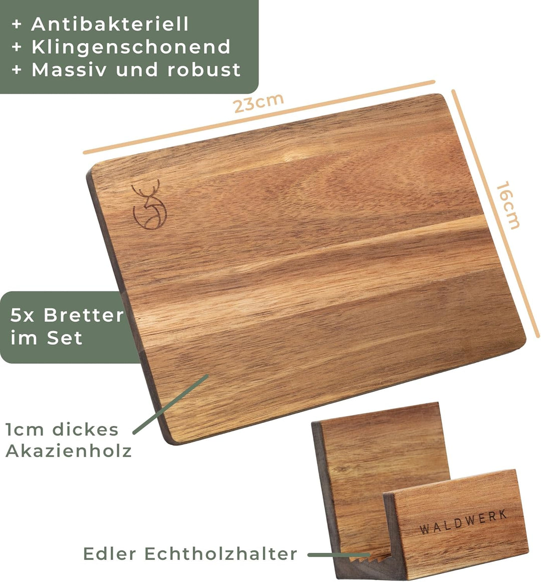 WALDWERK Frühstücksbrettchen 5er Set (23 x 16 x 1 cm) aus massiver Akazie - Frühstücksbrettchen Holz