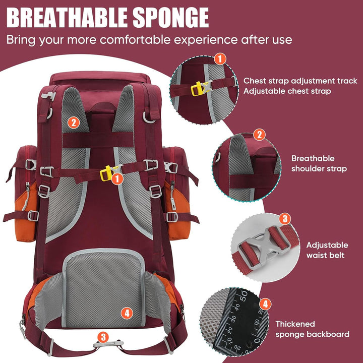 Bseash 70L (65+5) Wasserdichter Wanderrucksack mit Regenschutz, Outdoor-Sport, Reisen, Tagesrucksack
