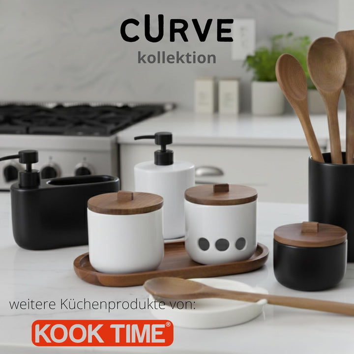 Salztopf Keramik CURVE - Luftdichte Salzdose mit Deckel aus Akazienholz. Grosse Öffnung, Ideal als S