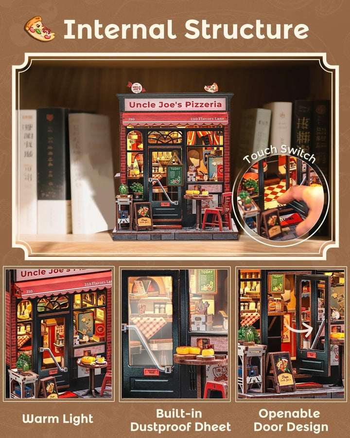 CUTEBEE Book Nook Kit - DIY Miniaturhaus Bausatz (Pizzeria-Szene) mit LED-Beleuchtung, Retro Bücherr