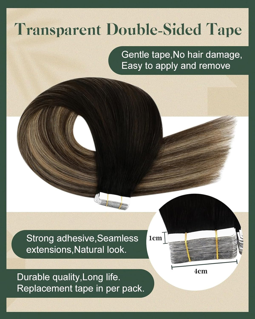 Ugeat 35cm Haarverlängerung Echthaar Tape 20Stücke Unsichtbares Tape Extensions Echthaar 50Gramm Sch