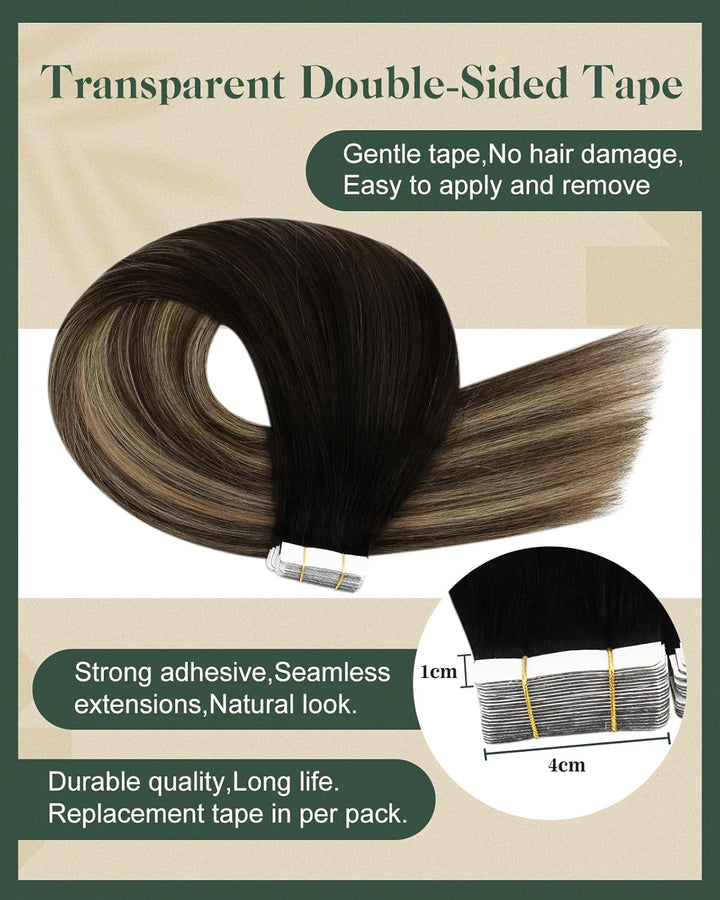 Ugeat 35cm Haarverlängerung Echthaar Tape 20Stücke Unsichtbares Tape Extensions Echthaar 50Gramm Sch