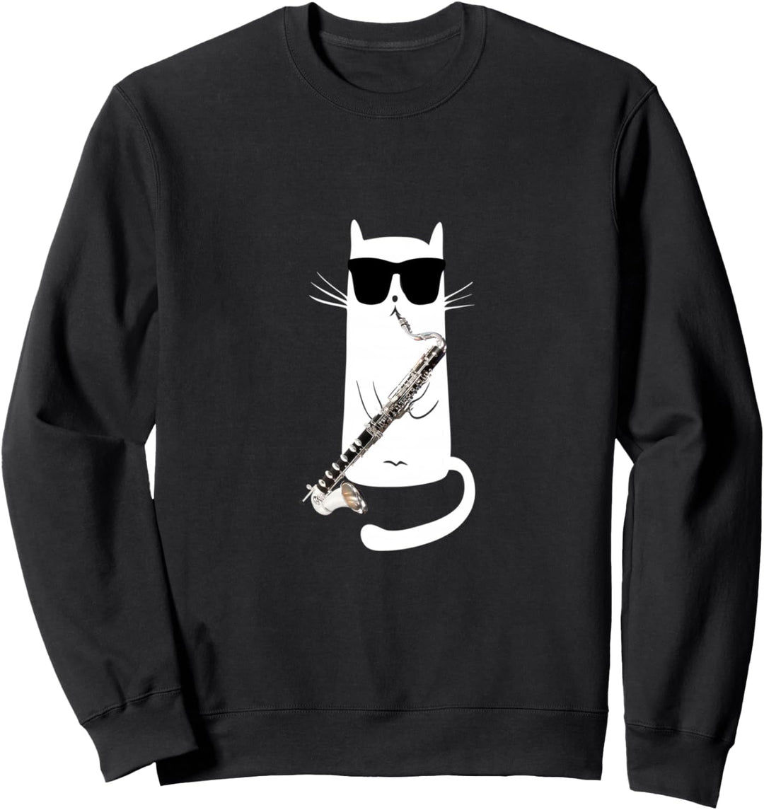 Funny Cat Wearing Sunglasses Playing Bass Clarinet Sweatshirt