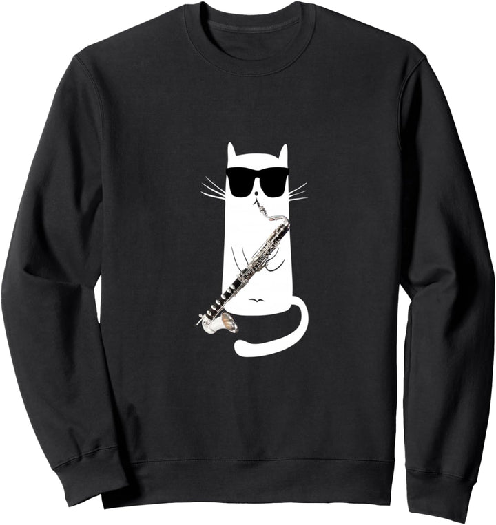 Funny Cat Wearing Sunglasses Playing Bass Clarinet Sweatshirt