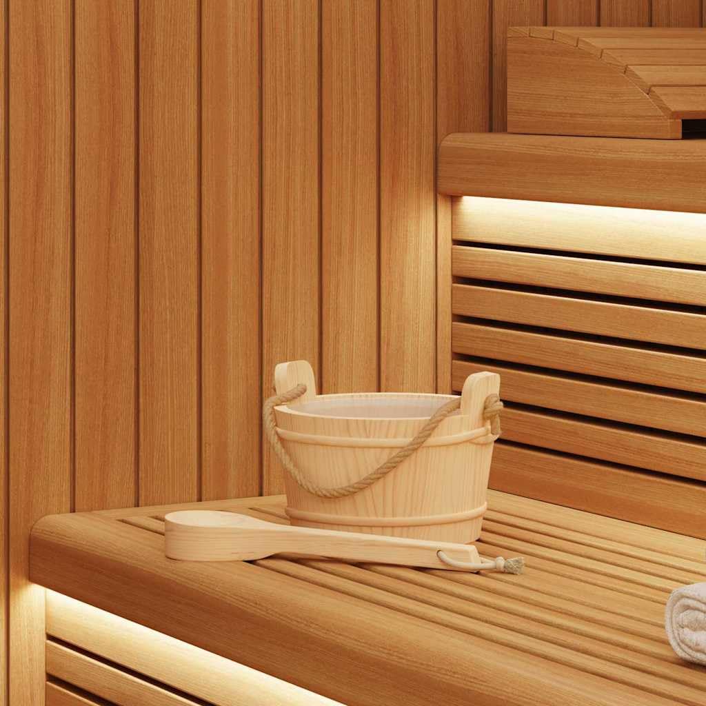 Sauna Aufgusseimer Set 2-teilig aus lackiertem Kiefernholz mit Hanfseilgriff und Schöpfkelle, braun,
