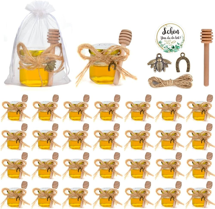 MAOOY 30 Stück Hexagon Mini Glas Honiggläser 45ml Honigglas Mit Honiglöffel Honig Kleine Gläser Gold