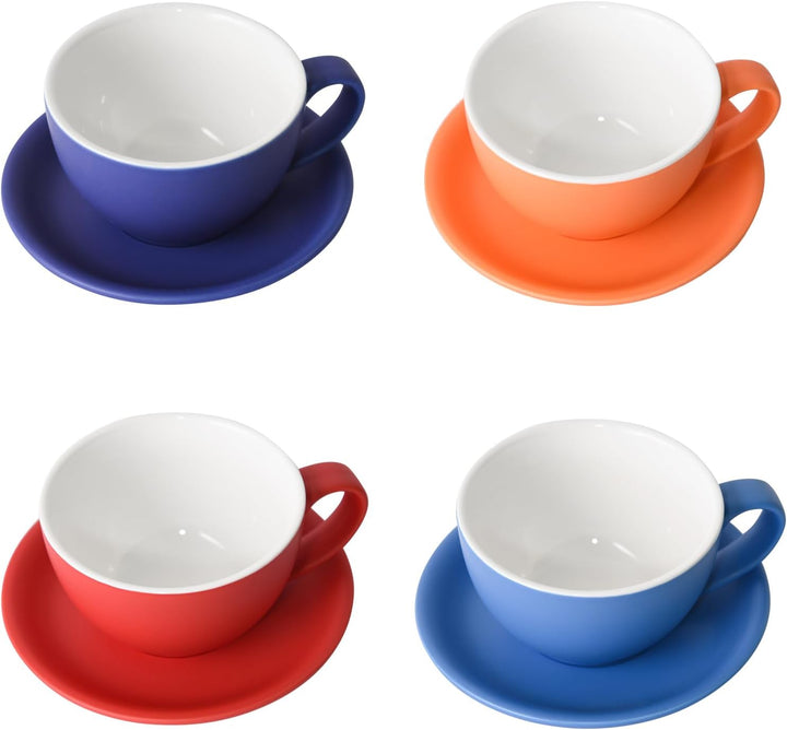 Yundu Latte-Tasse und Untertasse, Porzellan, 294 ml, für Cappuccino, Tee, Café, Mokka, 4 Stück, matt