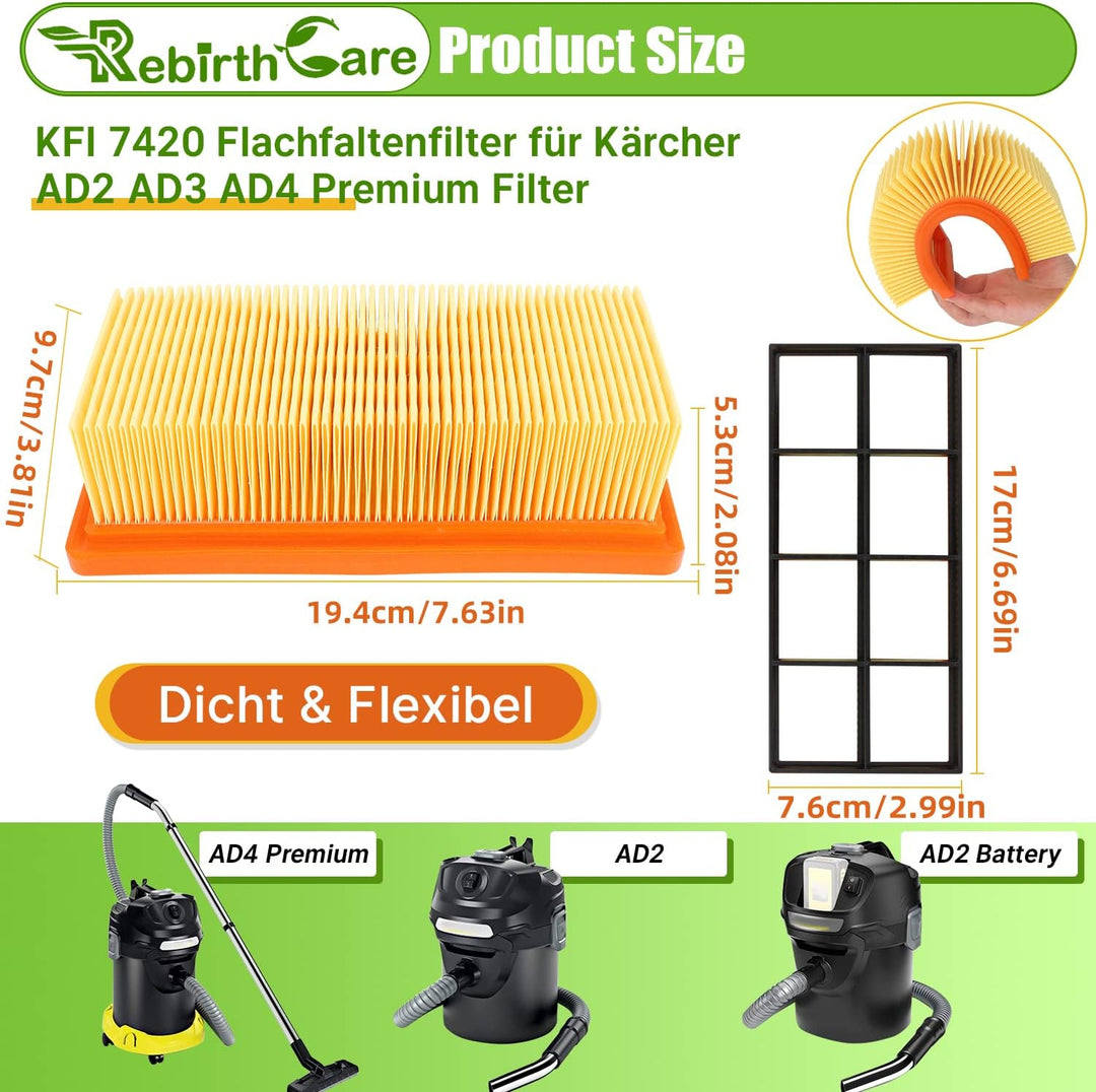 Rebirthcare 2 Stück KFI 7420 Flachfaltenfilter für Kärcher AD2, AD2 Battery, AD4 Premium, AD3 Premiu