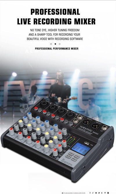 Weymic SE-60 Professioneller Mixer für DJ-Aufnahme, Bühne, Karaoke, Musik-App mit USB-Laufwerk für C