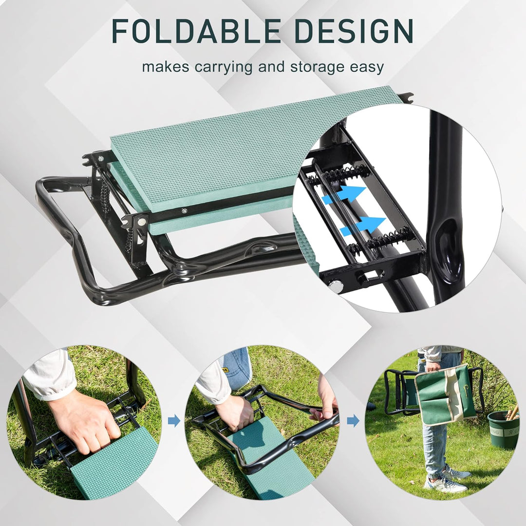 Outsunny Kniebank, Klappbarer Gartenhocker, 2-in-1, Kniehilfe, mit Werkzeugtasche, Eva-Schaumstoff,