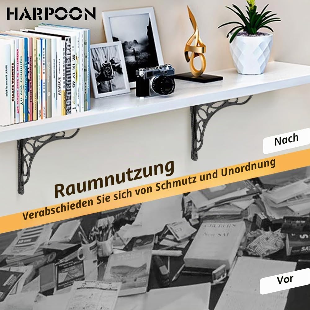 HARPOON Wandregalhalterung, robust und Hardware im Lieferumfang enthalten, 2 Stück, gebürstetes Gold