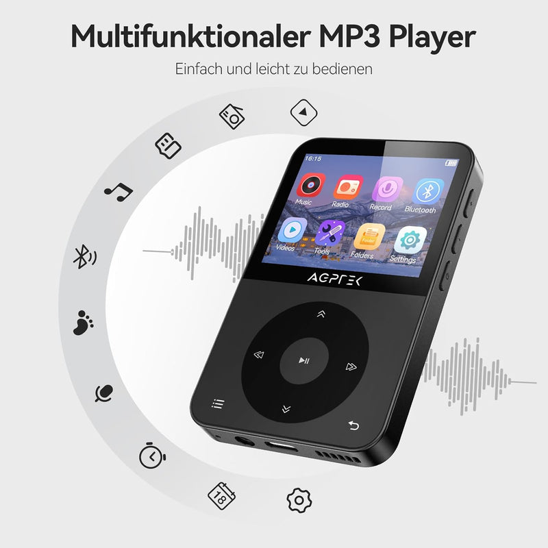 AGPTEK 64GB MP3 Player Bluetooth 5.3, mit 2,3 Zoll TFT horizontalem Farbbildschirm, MP3 Player mit K