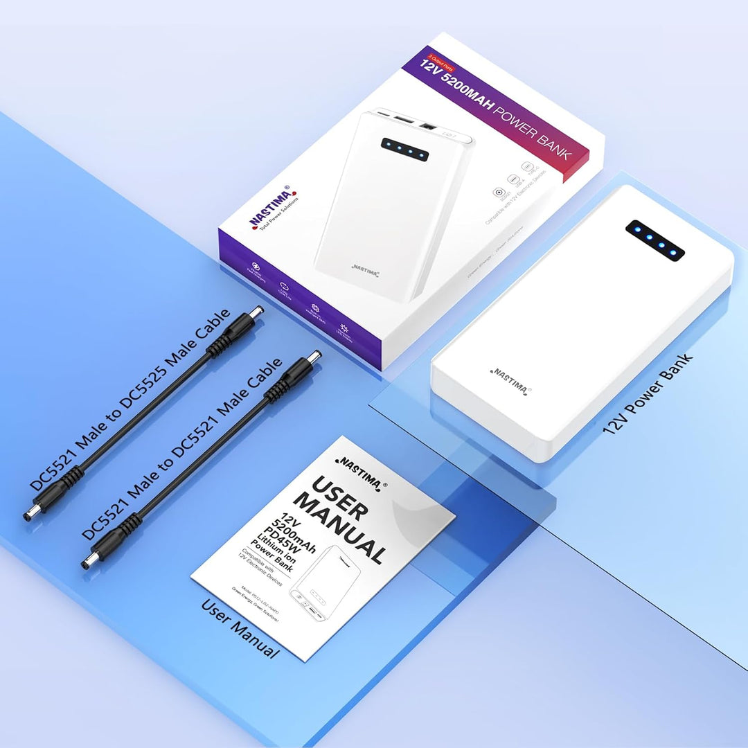 NASTIMA 12V Power Bank 5200mAh 56.16Wh Lithium-Ionen-Akku mit 12V DC Ausgang und 12V 5V USB-A QC3,0