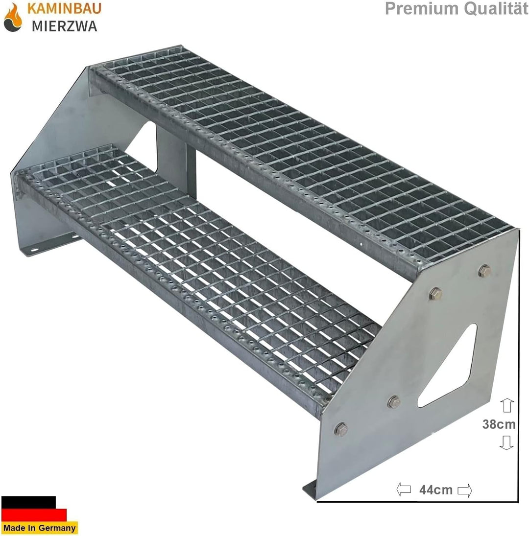 Premium Stahl Treppe Freistehend Verzinkt 2 Stufen (Breite 100 cm) (Höhe 38 cm) Wetterfest Gitterros
