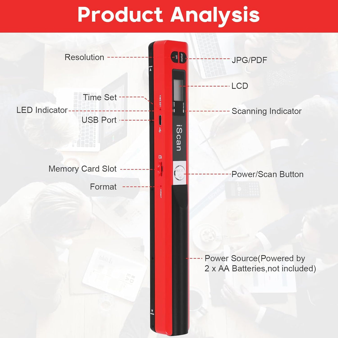 AOZBZ Tragbarer Dokumentenscanner Rot 900 DPI Handlicher USB-Bildscanner A4 Farbfoto Mobiler Scanner