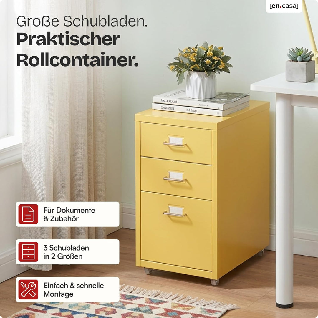 [en.casa] Rollcontainer Kökar Schubladenschrank Metall Aktenschrank mit 3 Schubladen Bürowagen mit R