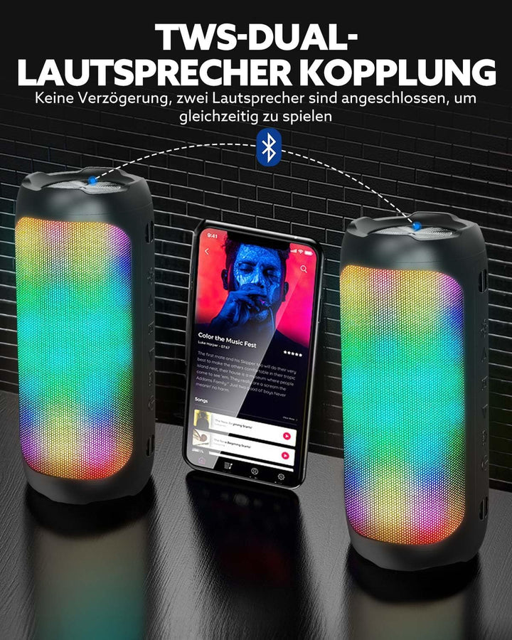 Bluetooth Lautsprecher mit 6 RGB-Lichter, Bluetooth 5.1 Tragbarer Box, 30W Dual Lautsprecher, TWS Pa