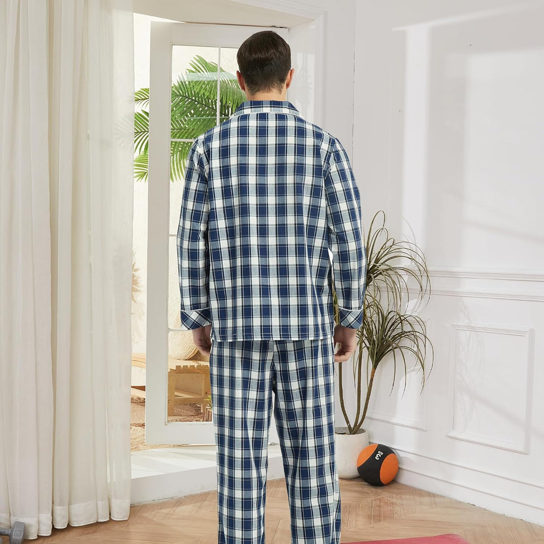 Vulcanodon Pyjama Herren 100% Baumwolle Schlafanzug lang Set kariert mit Knopfleiste weiche Nachtwäs