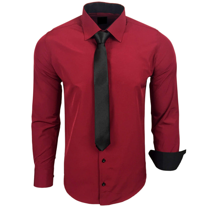 Baxboy 444-BK Herren Kontrast Hemd Business Hemden mit Krawatte Hochzeit Freizeit Fit S Bordeaux, S