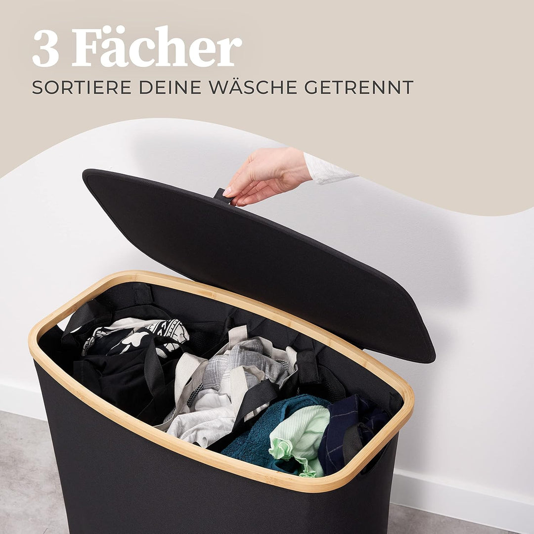 Hennez Wäschebox 150L - Wäschekorb 3 Fächer - mit Deckel - Wäschesortierer mit Wäschesack - Laundry