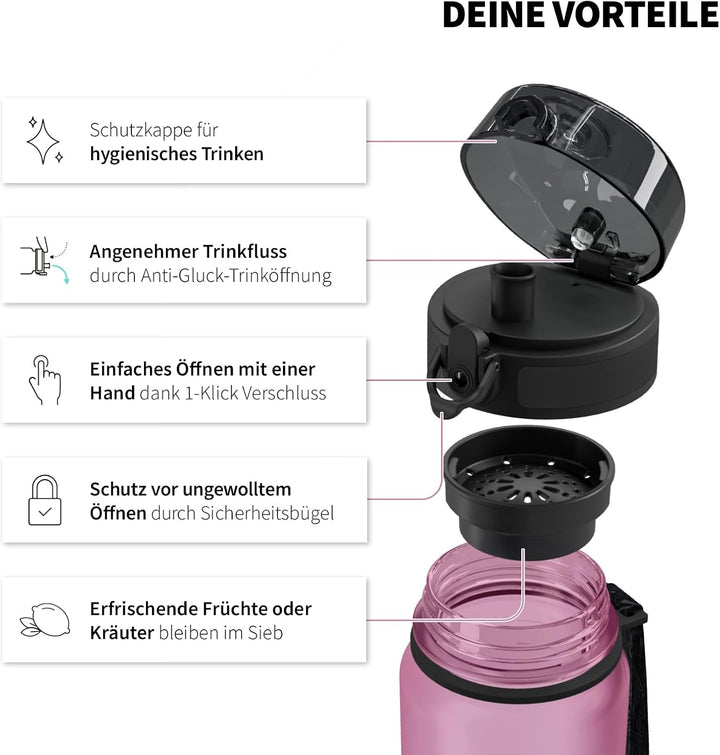 720°DGREE Trinkflasche 1l mit Motivationsskala “uberBottle“ +Sieb - BPA-Frei - Wasserflasche für Uni