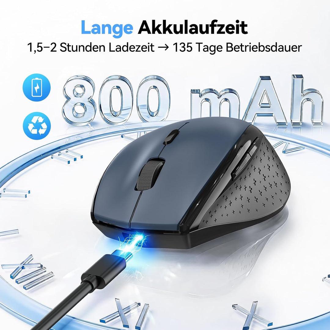 TECKNET Bluetooth-Maus, wiederaufladbare kabellose Maus für Laptop (Tri-Modus: BT 5.0/3.0 + 2.4G), 6