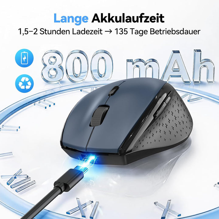 TECKNET Bluetooth-Maus, wiederaufladbare kabellose Maus für Laptop (Tri-Modus: BT 5.0/3.0 + 2.4G), 6