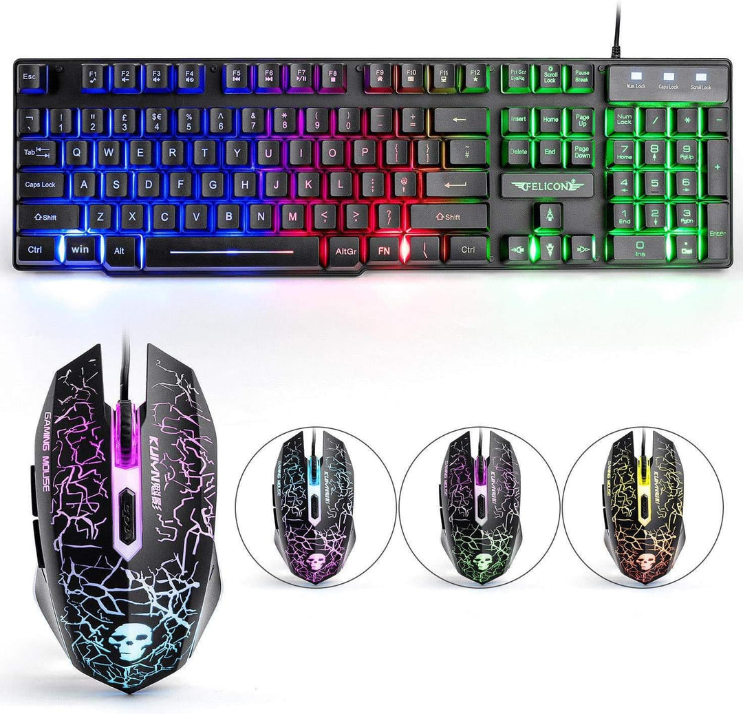 UK Layout Gaming-Tastatur und -Maus Sets Rainbow Backlit Ergonomische USB-Gaming-Tastatur 2400 DPI 6