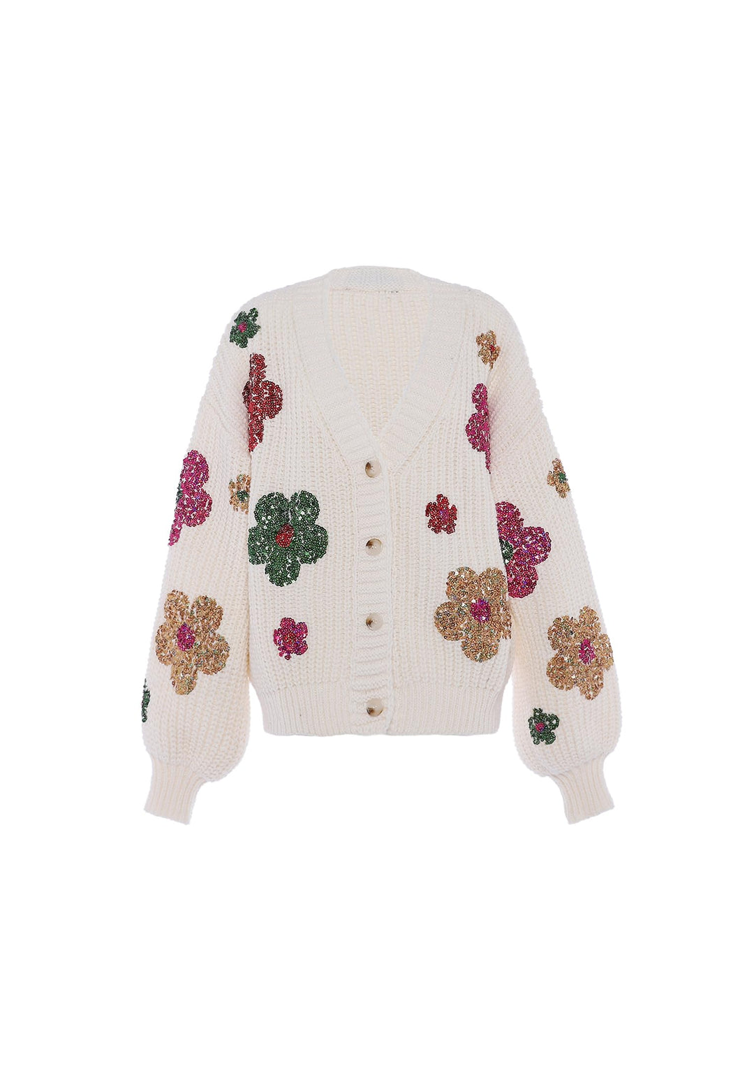 faina Damen Modische Strickjacke mit bunten Blumen und Pailletten WOLLWEISS Grösse XL/XXL
