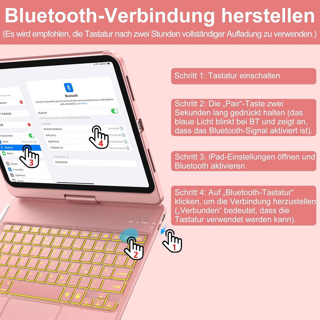 KBCASE Bluetooth Tastatur Schutzhülle für iPad 10 (2022/11. Generation) A16 2025 (10,9/11 Zoll) Mit