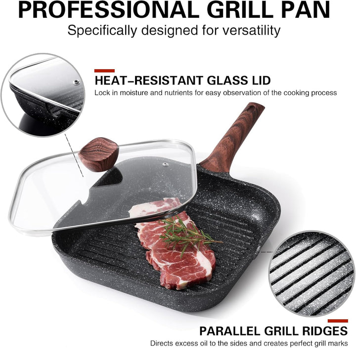 Kordisen Grillpfanne Induktion 24 cm mit Deckel – Grillpfanne mit Ausguss & Steakpfanne quadratisch,