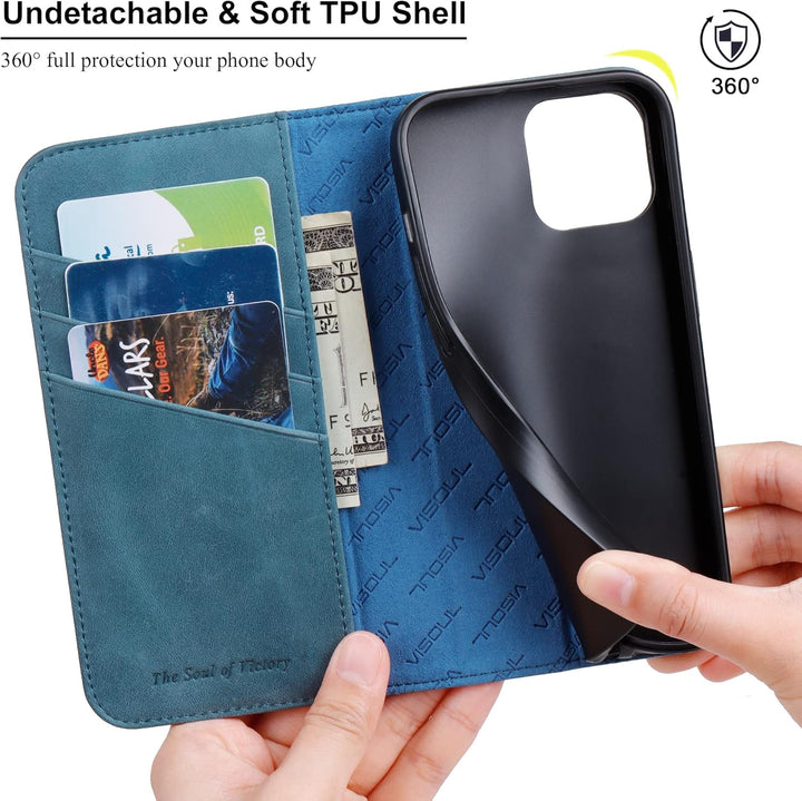 VISOUL Hülle für iPhone 15, Schutzhülle [Echt Leder] [Schützt vor Stoss] [Kartenfach] [Magnetverschl