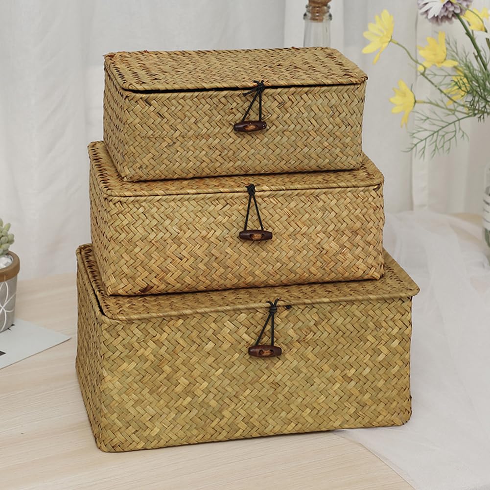 YSGLIFE Set mit 3 Seegras Gewebt Rattan Rechteckiger Ablagekorb Aufbewahrungsbox mit Deckel Mehrzwec