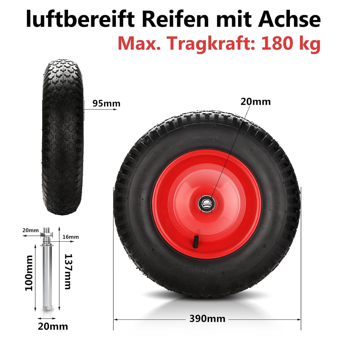 Gimisgu 4x Schubkarrenrad luftbereift 4.80/4.00-8 Ø 390mm PU Gummirad mit Achse 200 kg Tragkraft Ers