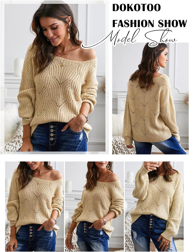Dokotoo Damen Strickpullover Elegant Rundhals Pullover Herbst Winter Einfarbiger Pulli Oberteil Swea