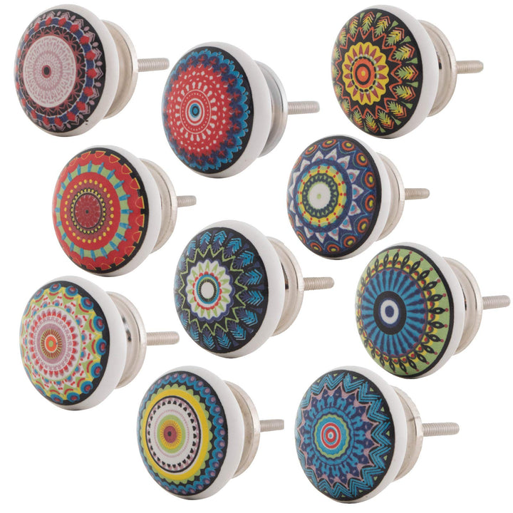 Knober Set 10 Stück Möbelknöpf Keramik Mandala Energy Shabby-Chic Schrankknöpfe Türgriff (1. Buntes