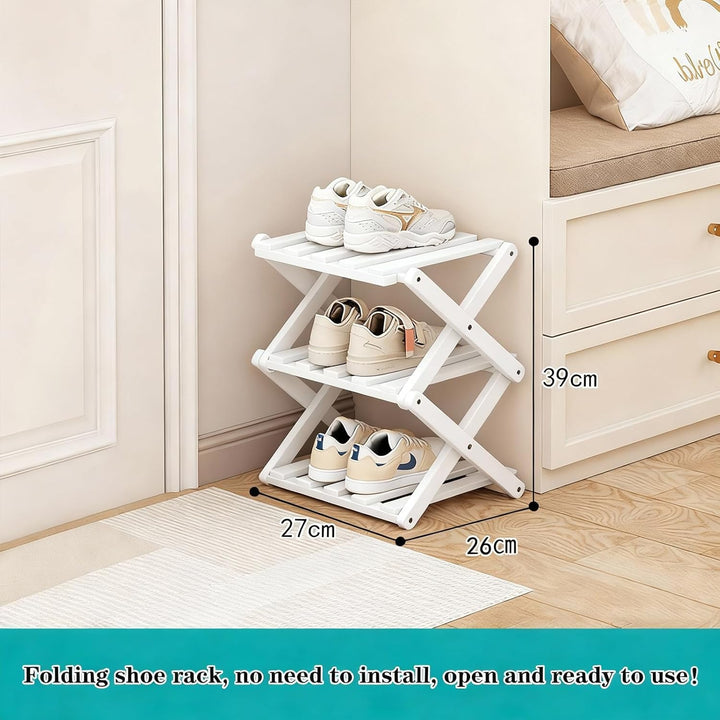 Kleines Schuhregal, weiss, 3 Etagen, Bambus, faltbar, Schuh-Organizer, freistehendes Regal für Einga