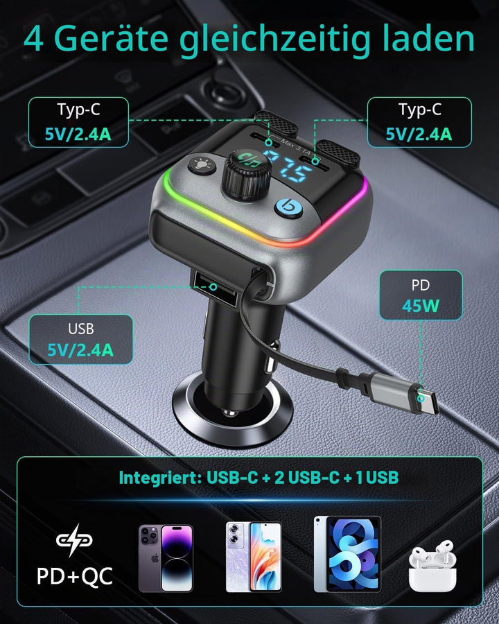 60W Bluetooth 6.0 FM Transmitter Auto, ORIA 4 in 1 Bluetooth Adapter Auto Silber, Silber