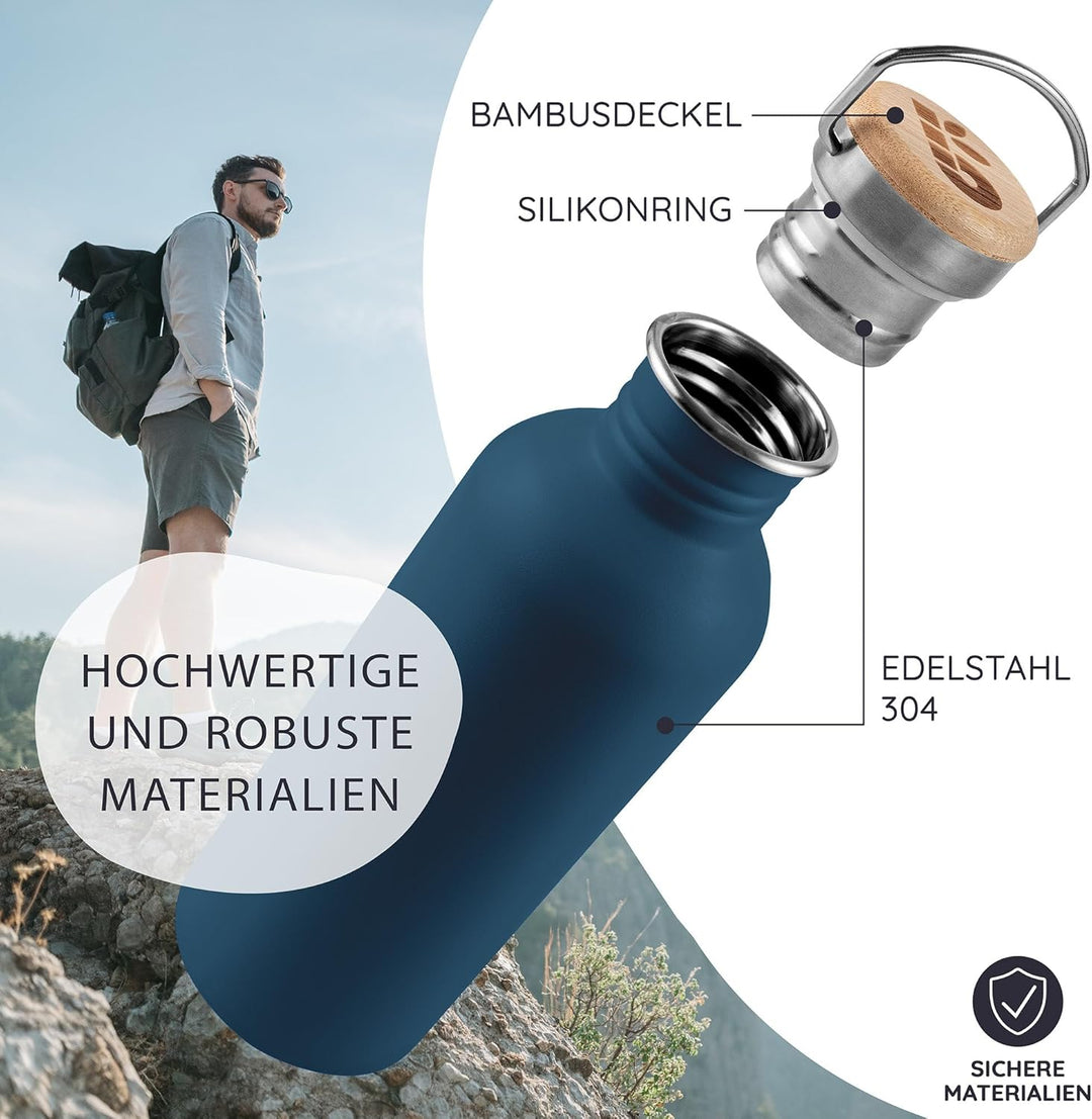 Bambaw Edelstahlflasche 500ml, Nicht-isolierte Trinkflasche Blau, Edelstahl Trinkflasche für Kinder,