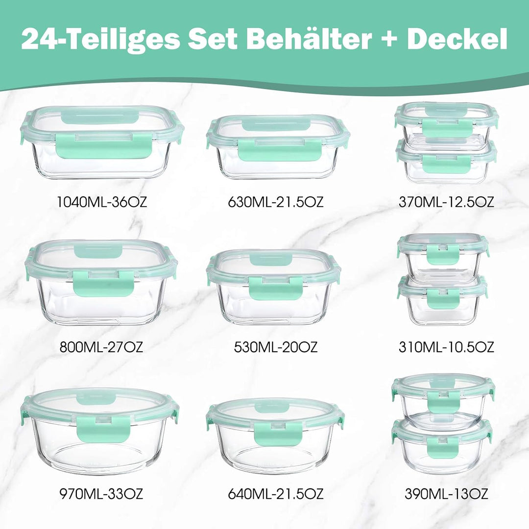 YASHE Glasbehälter mit Deckel, 12 Teile Stapelbar & Luftdicht Meal Prep Boxen Glas für Spülmaschine,
