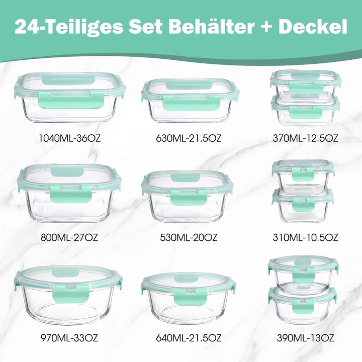 YASHE Glasbehälter mit Deckel, 12 Teile Stapelbar & Luftdicht Meal Prep Boxen Glas für Spülmaschine,