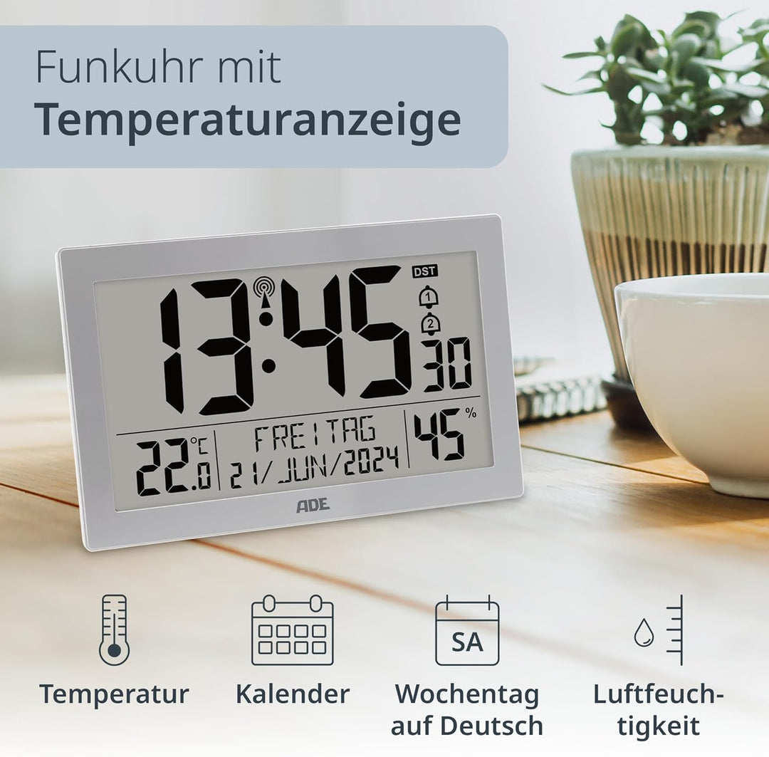 ADE Digitale Funkuhr mit grossem XL-Display | Kalender | mit Temperaturanzeige & Hygrometer | Wanduh