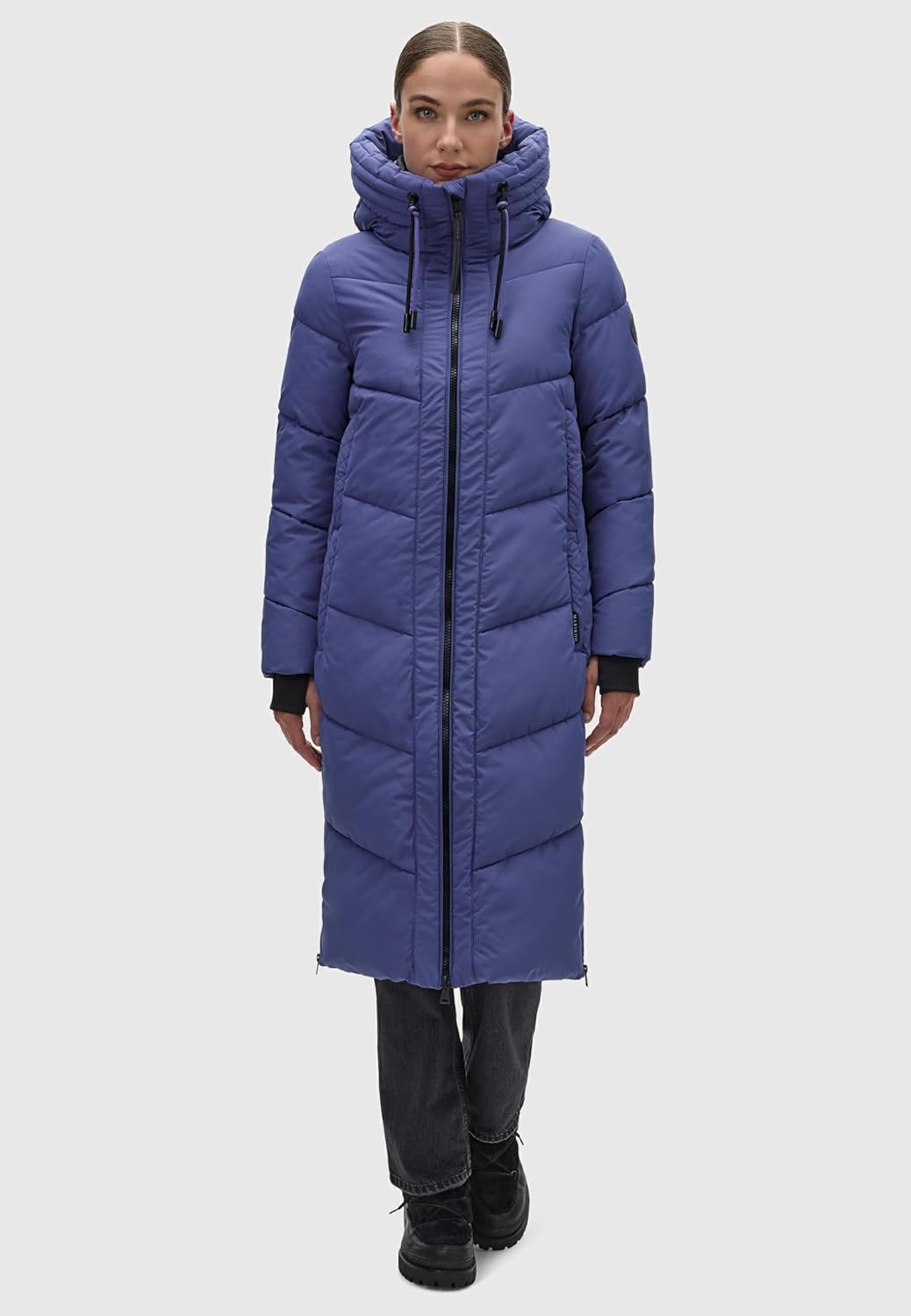 MARIKOO Damen Wintermantel Warmer Steppmantel lang mit Verstellbarer Kapuze und hohem Kragen Nadaree